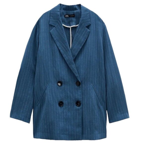 ZARA Blazer WMNS M Blue‎ Pinstripe Double-breasted Oversized Jacket Lapel Collar - Picture 2 of 13